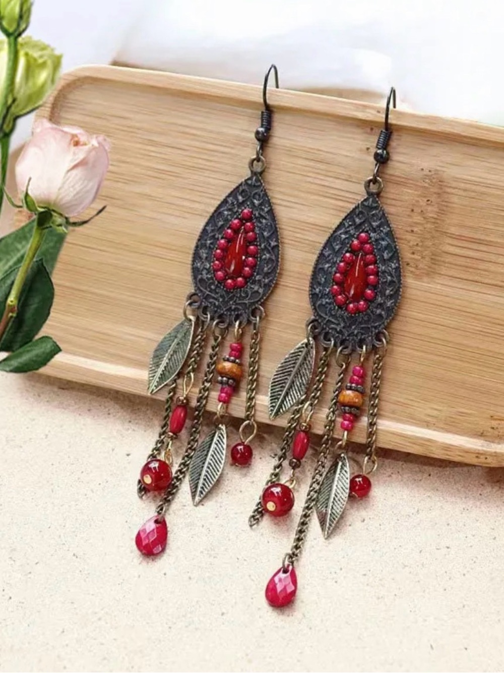 Bohemian Red Teardrop Dangle Earrings